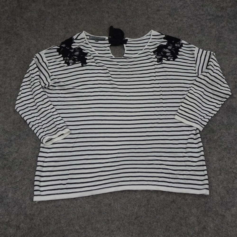 Elliott Lauren Top Womens Large L Black Striped Lace Pullover Knit 3/4 Sleeve